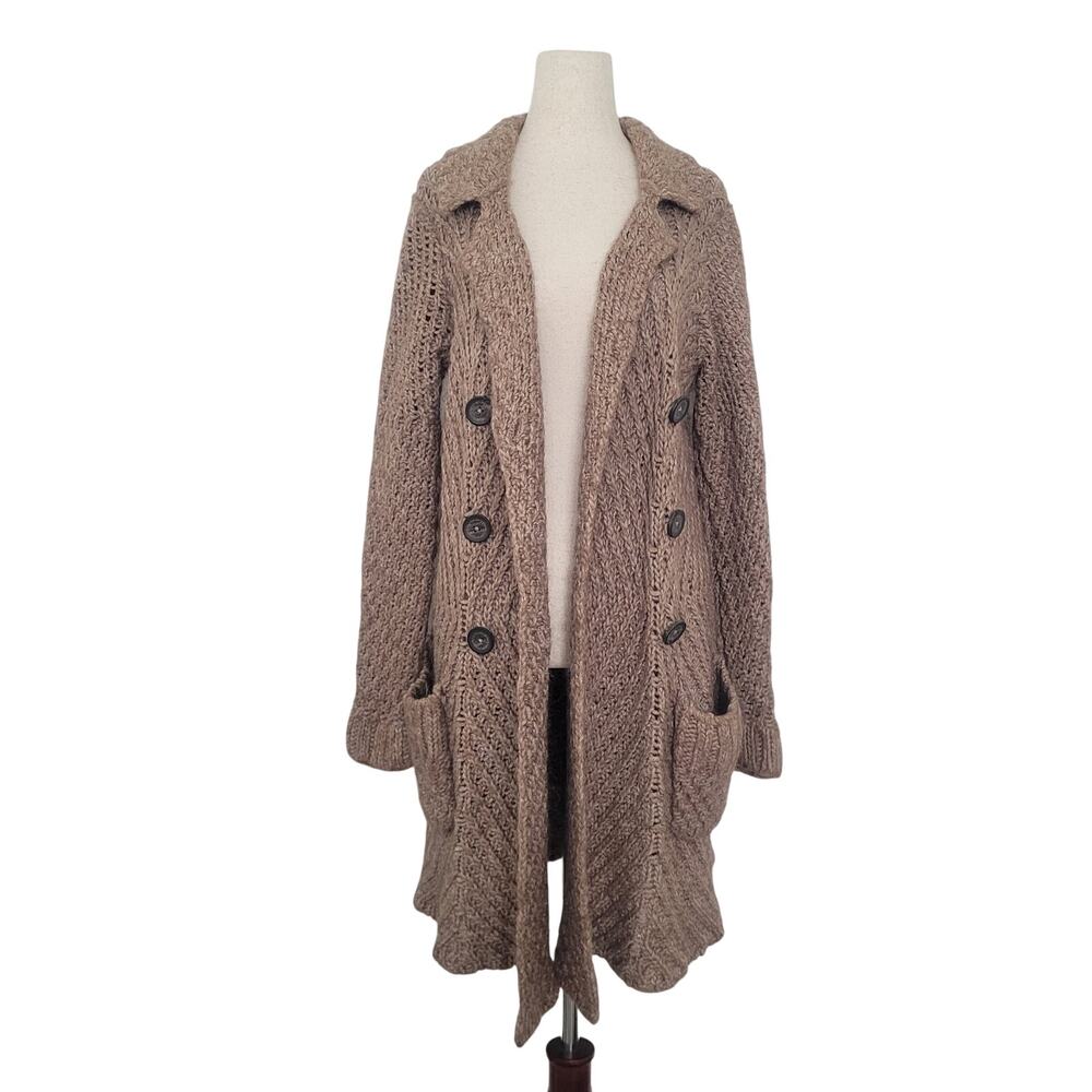 Free People Double Breasted Knit Duster Cardigan Size M Brown Academia Old Money